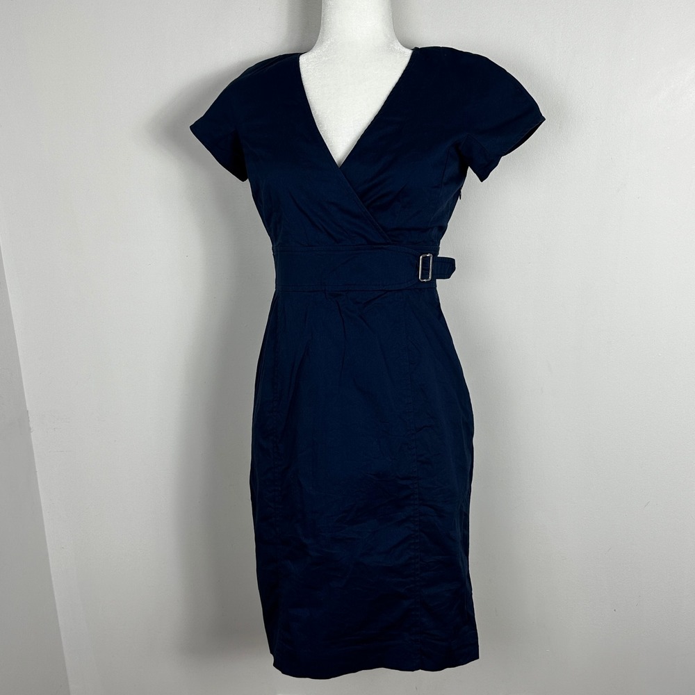 Weekend MaxMara Navy Blue Belted Dress Short Sleeve V-Neck Womens Size Small